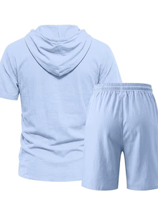 Men Solid Color Hooded Button-Up Shirt Set Elastic Waist Shorts Breathable Knitted Polyester/Cotton 200g Casual Summer Outfit - Product Image 2
