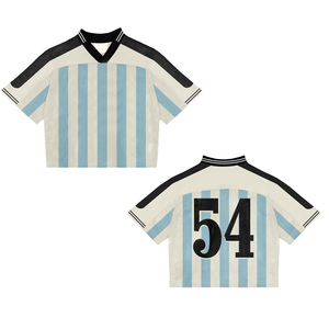 Camiseta de Fútbol con Cuello en V, Estampado de Letras, Rayas Azules y Blancas, Sublimada, Transpirable, de Malla, Manga Corta, Corte Regular, para Adultos, con Logotipo Personalizado - Product Image 1