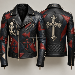 Chaqueta de Motociclista de Cuero Genuino para Hombre, Negra con Bordado de Calavera y Cruz Roja, Estilo Biker, Resistente al Viento, Corte Ajustado, Cuello Redondo, Transpirable - Product Image 1