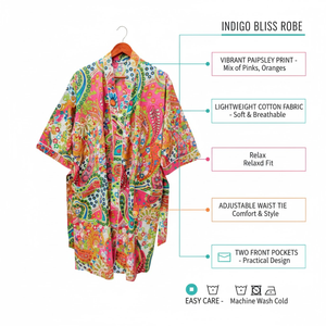 Bata Kimono Floral Rosa Paisley con Cuello en V, Bata Larga de Algodón para Descansar, Bolsillos Delanteros, Cinturón con Lazo, Estilo Boho para Resort - Product Image 6