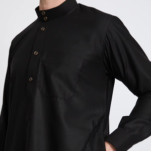 <b>Men's</b> Black Cotton <b>Thobe</b> Short Sleeve Floor Length Shirt Collar Modest Islamic Prayer Wear All Seasons Solid Color Loose - Product Image 5