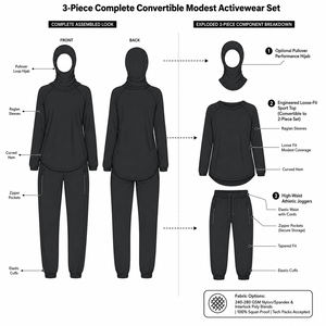 Elastic Cuff Tapered 260GSM 3 Piece Modest Jogger Set <b>Raglan</b> <b>Top</b> Hijab OEM Wholesale - Product Image 2