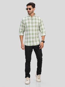 Chemise en popeline 100% coton à carreaux verts pour homme, manches longues, col boutonné, respirante, anti-UV, décontractée, pour l'hiver - Product Image 1