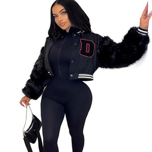Fashion Jacket Winter Women Bubble <b>Padded</b> <b>Coat</b> Baseball Jacket Ladies Patchwork Furry Sleeve Baseball Jacket - Product Image 1