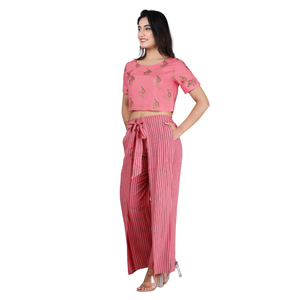 Ensemble coordonné 2 pièces pour femme : Crop top rose imprimé et pantalon palazzo rayé, manches courtes, col rond, décontracté, printemps-été - Product Image 3