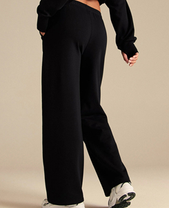 Pantalon en molleton anti-UV pour femme, taille mi-haute, coupe droite, devant plat, 100 % coton, décontracté, longueur intégrale, couleur unie, tricoté, coupe ample, automne - Product Image 2