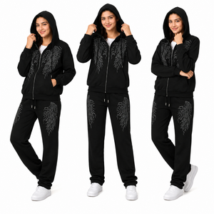 Unisex Black Winter Tracksuit <b>Set</b> Zip-Up Hoodie Sweatpants 2 1 Design Rhinestone Embellished Fleece Lining Eco-Friendly - Product Image 1