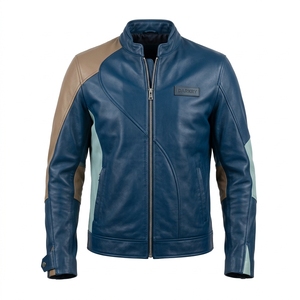 Chaqueta de Cuero Genuino Azul y Marrón para Hombre, al por Mayor, Personalizada, OEM, ODM, Estilo Biker, Fabricante, Suministro Directo de Fábrica - Product Image 1