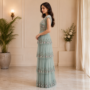 Luxury Sage Green Floral Embroidered Tiered Evening Gown for Women V Neck Sleeveless Party Dress Wedding Reception Maxi Dress - Product Image 3