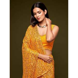 Sari de Fiesta Zeel Clothing, Color Amarillo Miel, con Lentejuelas, Georgette, Sin Costuras - Product Image 3