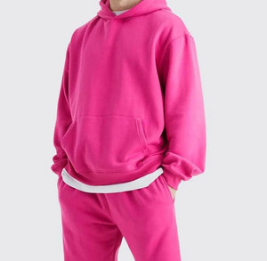 Breathable Unisex <b>Pink</b> Hooded <b>Tracksuit</b> Set Full Length Solid Color Casual Autumn Wear Loose Fit With Side Pockets 100% Cotton - Product Image 4