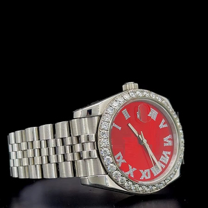 Reloj clásico con esfera roja, bisel de moissanita blanca completa, esfera redonda, con probador de diamantes de 4 quilates, reloj automático premium aprobado. - Product Image 2