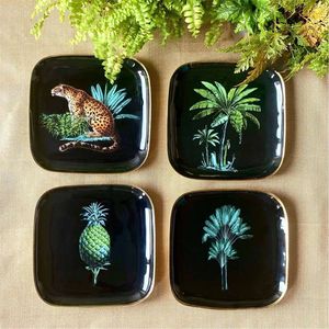 Ensemble de plateaux de service décoratifs de luxe, design jungle tropicale, plateau en métal, bordure noire et dorée, décoration de cuisine et de maison, plateau de service - Product Image 1