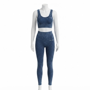Conjunto Deportivo para Mujer, Top Deportivo y Leggings Azules con Efecto Desgastado, Cintura Alta, para Gimnasio, Yoga y Entrenamiento - Product Image 1