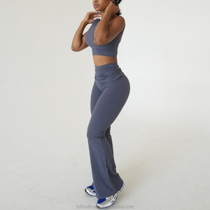 Leggings de yoga taille haute évasés pour femme, couleur unie, design froncé, sans couture, respirants, extensibles dans les quatre sens, Spandex/Nylon - Product Image 5