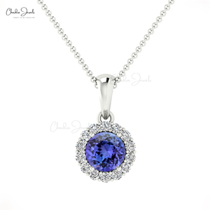 Handmade 14k <b>Solid</b> <b>Gold</b> Genuine 4mm Brilliant Round Cut Tanzanite Halo <b>Pendant</b> with 1mm Prong-Set Diamond <b>Pendant</b> Necklace - Product Image 1