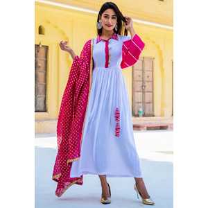 Ensemble Kurta en mousseline de soie blanche Nadiya avec manches longues et dupatta rose, taille XS - Product Image 4