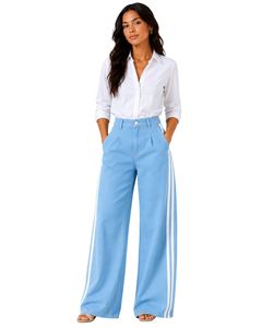 <b>Light</b> Blue Women High Waist Wide Leg Denim Jeans With White Side Stripe Loose Fit Cotton Denim Pants Casual Streetwear <b>Trousers</b> - Product Image 1