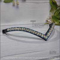 Fronture en cuir personnalisée en forme de V avec cristaux et strass transparents et bleus – Confortable et durable pour la bridonnerie équestre