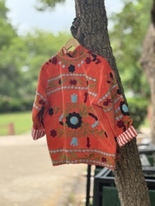Orange Floral Sujani Woven <b>Velvet</b> Cotton <b>Jacket</b> <b>Women</b> Handmade Embroidery Heart Print Traditional Indian Autumn Winter 160g B2B - Product Image 6