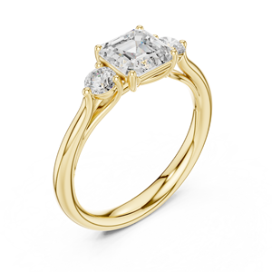 Bague de fiançailles en or jaune avec trois diamants de laboratoire taille Asscher, monture solitaire à bande simple, bijoux fins pour femme - Product Image 4