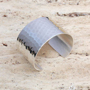 Handmade <b>Hammered</b> Brass Cuff Bracelet Wide <b>Silver</b> Plated Boho Statement <b>Bangle</b> - Chunky Adjustable Metal Wristband Jewelry - Product Image 3
