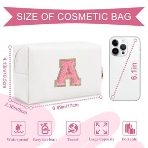 Personalized A-Z Initial Preppy Patch Makeup <b>Bag</b> <b>Small</b> <b>White</b> PU Leather Travel Cosmetic Pouch with Zipper Cute for Toiletry Case - Product Image 3