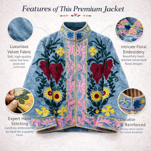 Chaqueta Bomber Bordada en Terciopelo Azul Hecha a Mano para Mujer, Mangas Largas, Cuello Alto, Abrigo de Invierno con Bolsillos - Product Image 3