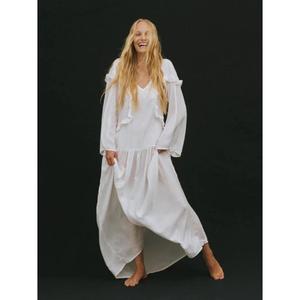 Vestido largo blanco con volantes para mujer, vestido holgado de manga larga, elegante vestido bohemio con cuello en V - Product Image 5