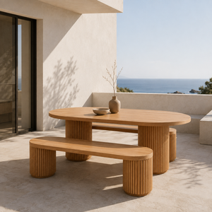 Ensemble table et bancs de jardin en teck massif pour café, restaurant, terrasse et bord de piscine - Product Image 1