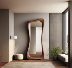 Miroir mural artisanal en bois de noyer Art Déco, écologique, avec cadre au design moderne pour hôtels - Product Image 4