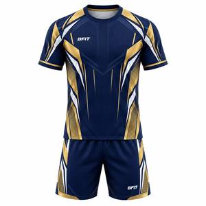 Ensemble uniforme de football homme bleu marine et or, maillot géométrique et short assorti, 100% polyester respirant et à séchage rapide, nom d'équipe personnalisé - Product Image 1