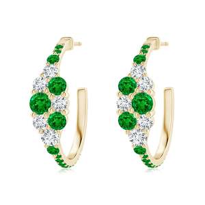 Diseño de Aro con Esmeraldas y Diamantes Redondos, Engaste de Inspiración Floral, Acabado en Oro Sólido de 14 Quilates y Cierre con Bisagras - Product Image 1