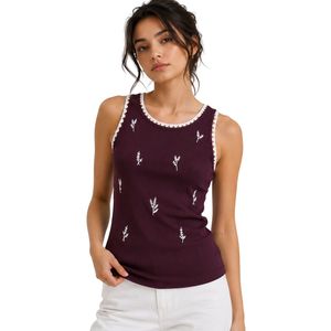 Camiseta sin mangas acanalada para mujer, color burdeos y blanco, bordada, informal, de verano, ajustada, de algodón elástico, personalizada, OEM. - Product Image 1