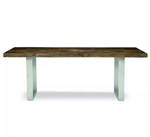 Industrial Rustic Texture Design Brown Finish Solid Mango <b>Wooden</b> Square Top Two <b>Metal</b> Gray Finish Pedestal Base <b>Dining</b> <b>Table</b> - Product Image 1