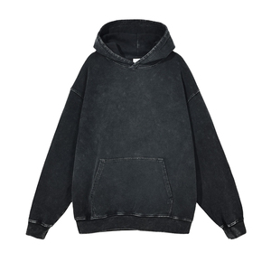 Unisex Oversized Hoodies Black Acid Wash Streetwear Kangaroo Pocket Heavyweight Fleece Drop Shoulder Logo Pullover Sweatshirt - Product Image 1