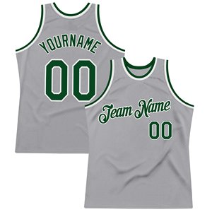 Maillot de basket-ball en maille grise personnalisé avec bordure verte, nom et numéro de l'équipe, respirant, unisexe, vêtements pour adultes - Product Image 1