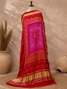 Ethnic Bandhani Chunri Pure <b>Silk</b> Dupatta Pink <b>Red</b> Combination With Rai Dana Bandhani Work - Product Image 1