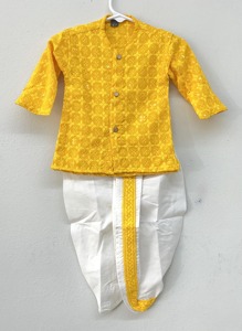 Yellow Embroidered Kurta With White Dhoti For Boys Indian Ethnic <b>Wedding</b> Wear Three Quarter Sleeve Cotton Ankle Length Regular - Product Image 1