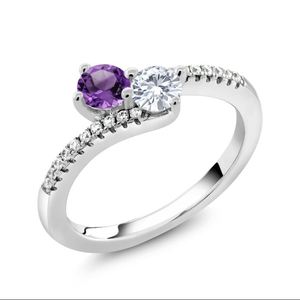<b>925</b> Sterling <b>Silver</b> Gold Plated Luxury Purple Amethyst and Moissanite Wedding Engagement <b>Ring</b> for Women & Unisex - Product Image 1