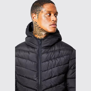 Men Hooded Puffer <b>Jacket</b> Black Polyester Windproof Winter Casual Coat Regular Fit Quilted <b>Zipper</b> Closure - Product Image 2