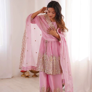 Luxury Pure Soft Silk Embroidered Kurti Plazzo Dupatta <b>Set</b> for Women – Heavy Sequence & Dori Work - Product Image 1