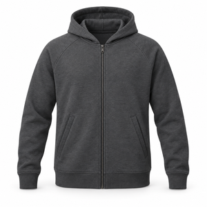 Men's Charcoal Raglan Full <b>Zip</b> <b>Hoodie</b> with Welt <b>Pockets</b> and Ribbed Cuffs - Product Image 1