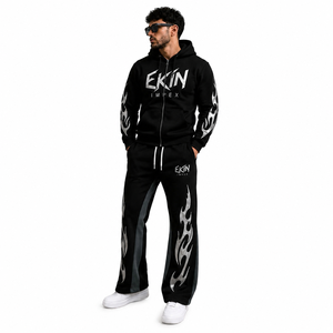 Ensemble survêtement homme avec sweat à capuche zippé et pantalon de survêtement imprimé flamme noire - Product Image 3