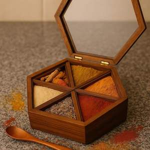 Traditional Wooden Masala Dabba with Geometric Multi Compartment Design Hinged Lid for Organized Spice and Seasoning Storage <b>Box</b> - Product Image 1