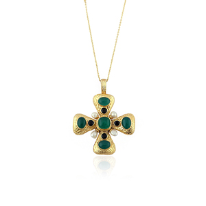 Hypoallergenic <b>necklace</b> green onyx <b>black</b> cz accents <b>cross</b> pendant with pearl 18k gold plated designer texture metal <b>necklace</b> - Product Image 1