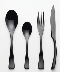 Ensemble de couverts minimalistes noirs avec finition miroir, compatibles lave-vaisselle, pour mariage et table. - Product Image 1