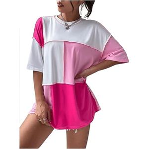 Haute qualité femmes couleur bloc couture garniture à manches courtes col rond coupe ample T-Shirt haut - Product Image 1