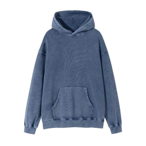 เสื้อฮู้ดดี้โอเวอร์ไซส์ผู้ชาย ผ้าฝ้าย 100% เฟรนช์เทอร์รี่ สีน้ำเงินล้วน ลุคสบายๆ มีกระเป๋า เหมาะสำหรับใส่ในฤดูใบไม้ร่วง - Product Image 3