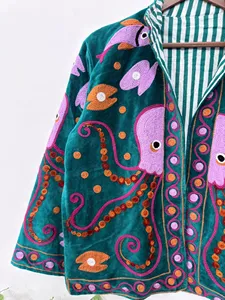 Premium Turquoise <b>Velvet</b> Embroidered Suzani <b>Jacket</b> with Octopus Pattern Full Sleeve Stand Collar Handmade Bohemian Autumn Coat - Product Image 4